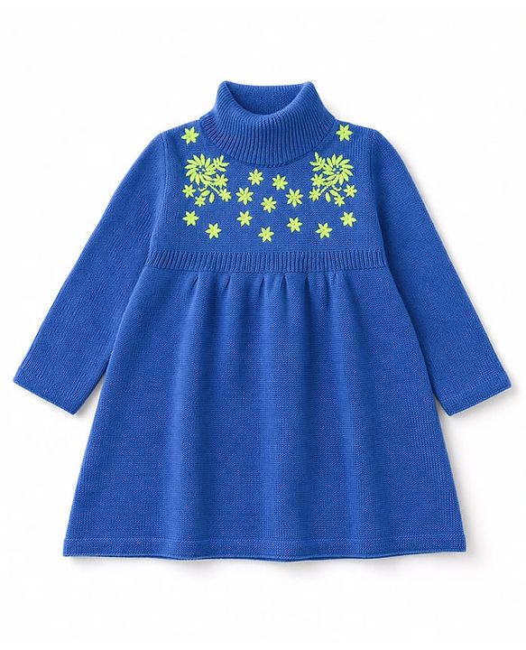 Babyhug Sweater-knit Full Sleeves Dress With Floral Embroidered - Royal Blue