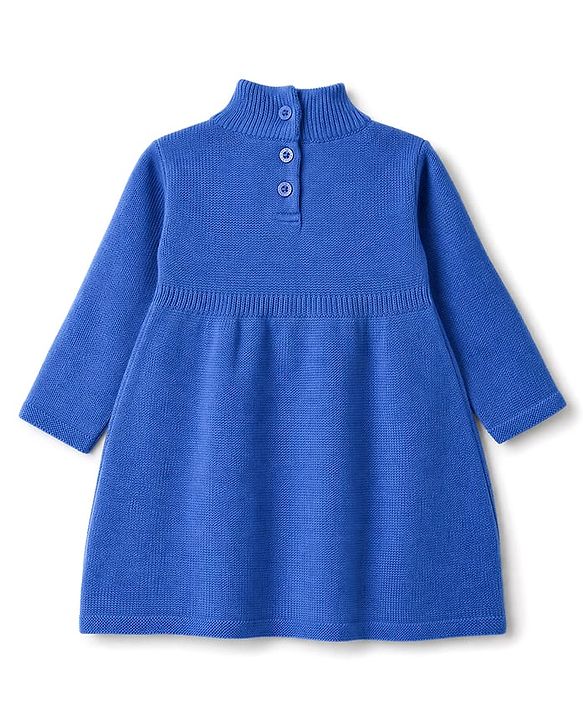 Babyhug Sweater-knit Full Sleeves Dress With Floral Embroidered - Royal Blue