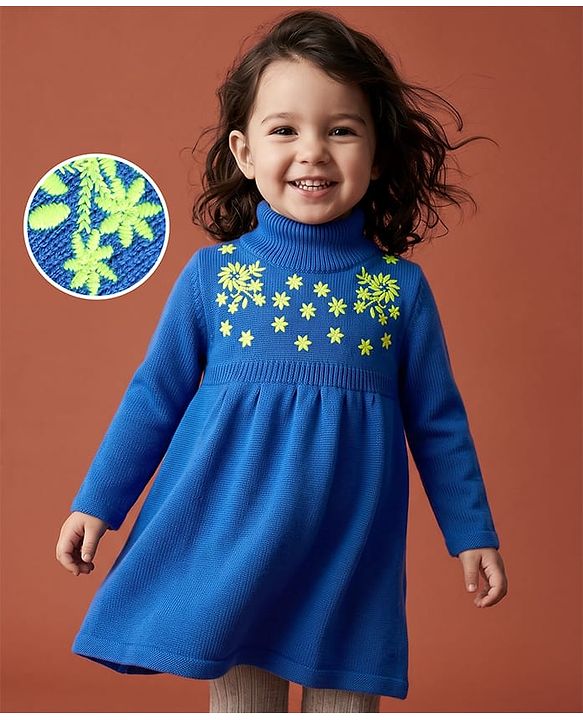 Babyhug Sweater-knit Full Sleeves Dress With Floral Embroidered - Royal Blue