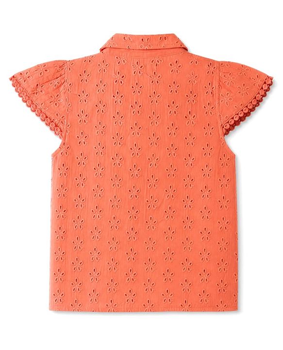 Babyhug 100% Cotton Woven Knotted Top with Half Sleeves and Floral Schiffli Detailing - Coral