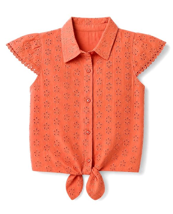 Babyhug 100% Cotton Woven Knotted Top with Half Sleeves and Floral Schiffli Detailing - Coral