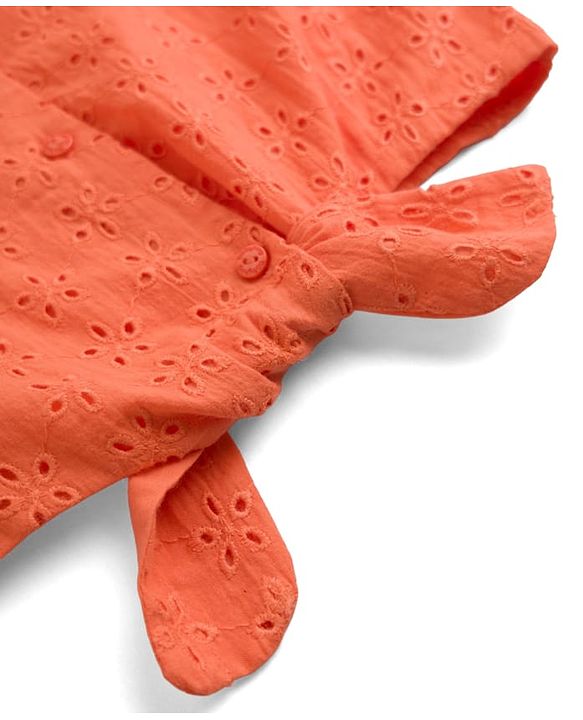 Babyhug 100% Cotton Woven Knotted Top with Half Sleeves and Floral Schiffli Detailing - Coral