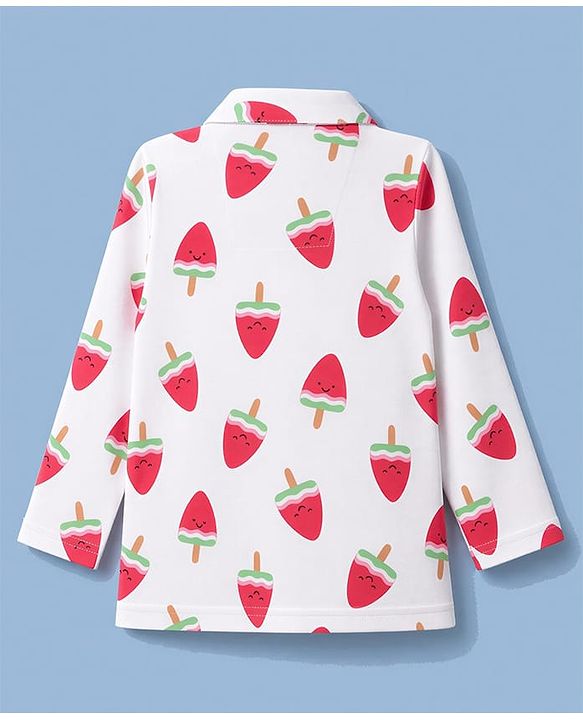 Babyhug 100% Cotton Knit Full Sleeves Watermelon Shaped Popsicles Printed Co-Ords Shirt & Pyjama Night Suit - White & Red