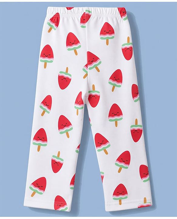 Babyhug 100% Cotton Knit Full Sleeves Watermelon Shaped Popsicles Printed Co-Ords Shirt & Pyjama Night Suit - White & Red