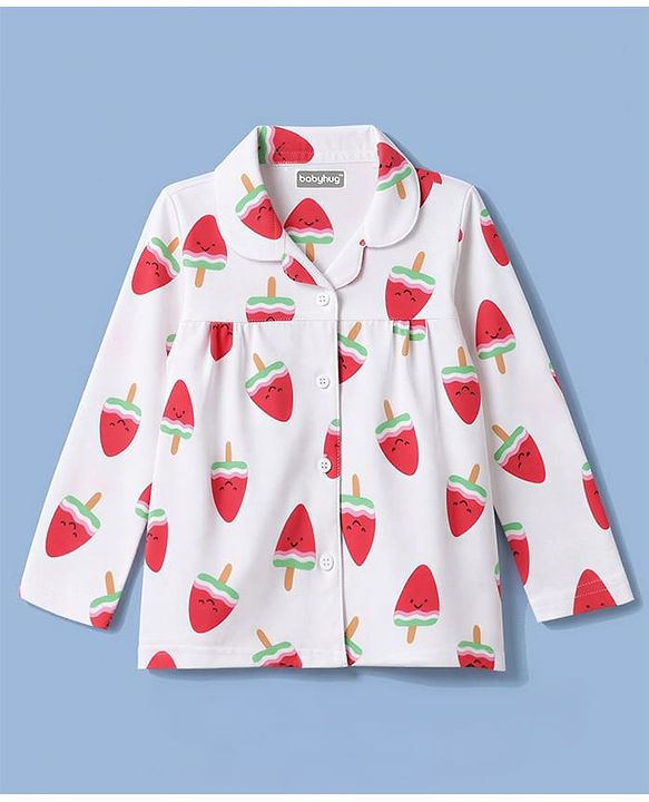 Babyhug 100% Cotton Knit Full Sleeves Watermelon Shaped Popsicles Printed Co-Ords Shirt & Pyjama Night Suit - White & Red