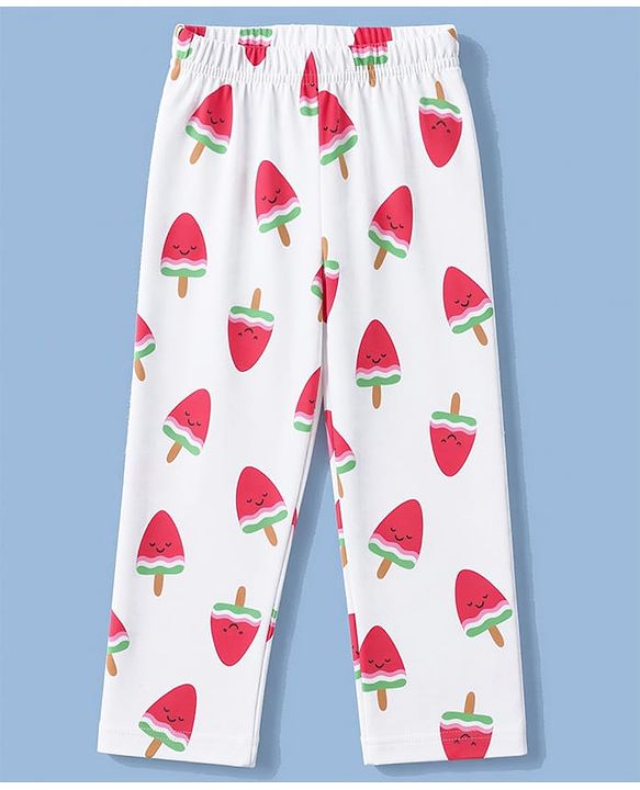 Babyhug 100% Cotton Knit Full Sleeves Watermelon Shaped Popsicles Printed Co-Ords Shirt & Pyjama Night Suit - White & Red
