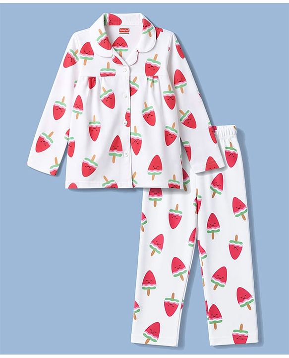 Babyhug 100% Cotton Knit Full Sleeves Watermelon Shaped Popsicles Printed Co-Ords Shirt & Pyjama Night Suit - White & Red