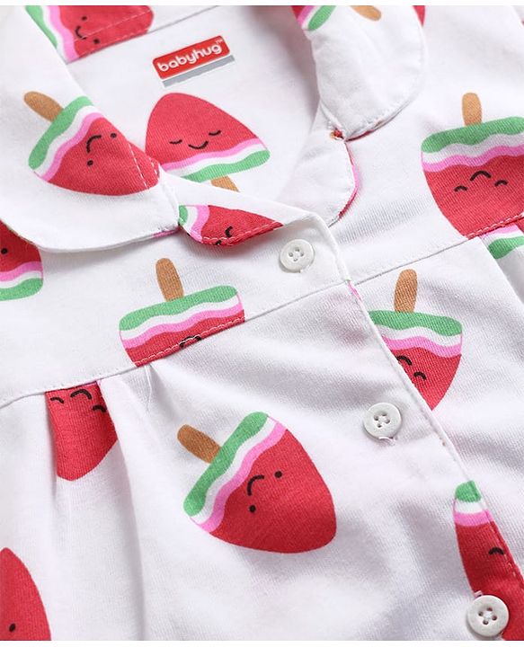 Babyhug 100% Cotton Knit Full Sleeves Watermelon Shaped Popsicles Printed Co-Ords Shirt & Pyjama Night Suit - White & Red