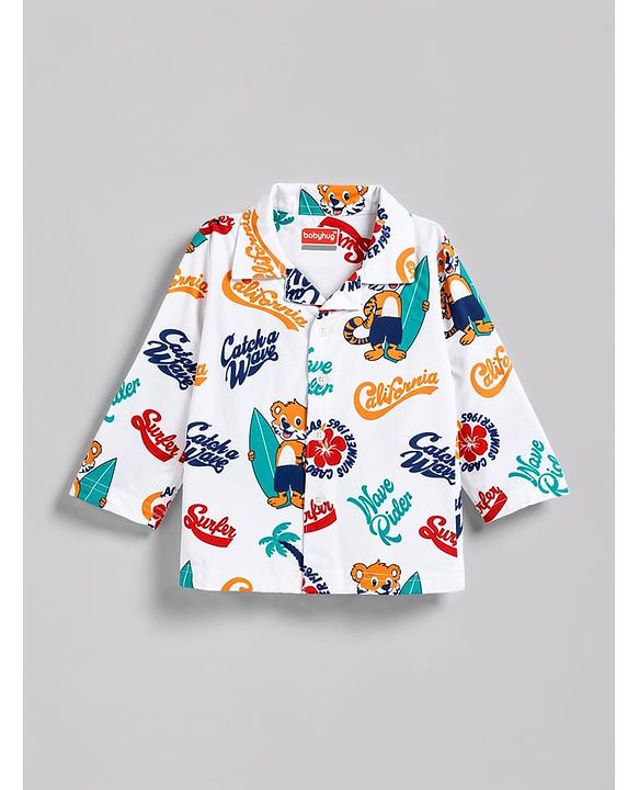 Babyhug 100% Cotton Knit Full Sleeves Animal & Surf Theme Printed Co-Ords Shirt & Pyjama Night Suit - White