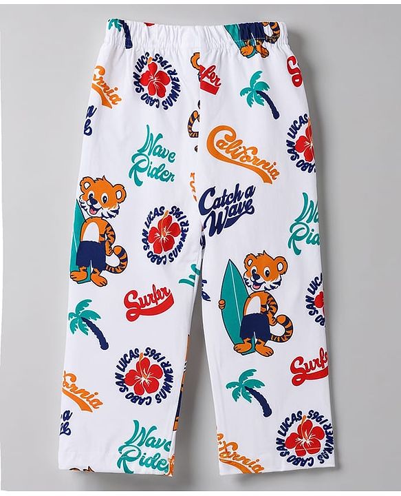 Babyhug 100% Cotton Knit Full Sleeves Animal & Surf Theme Printed Co-Ords Shirt & Pyjama Night Suit - White