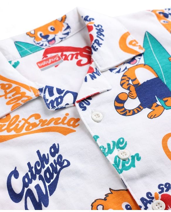 Babyhug 100% Cotton Knit Full Sleeves Animal & Surf Theme Printed Co-Ords Shirt & Pyjama Night Suit - White