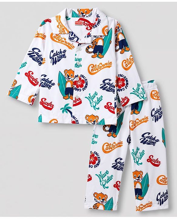 Babyhug 100% Cotton Knit Full Sleeves Animal & Surf Theme Printed Co-Ords Shirt & Pyjama Night Suit - White