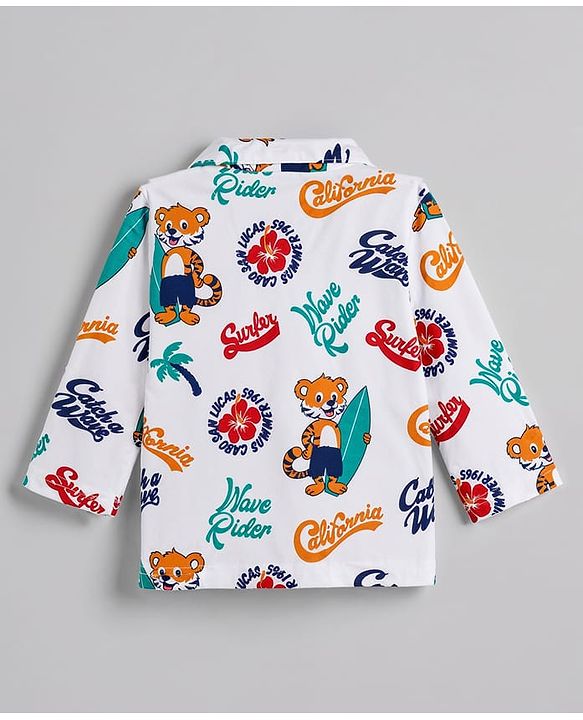 Babyhug 100% Cotton Knit Full Sleeves Animal & Surf Theme Printed Co-Ords Shirt & Pyjama Night Suit - White