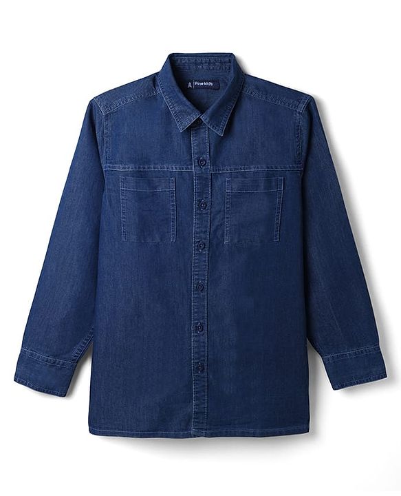 Pine Kids Denim Woven Full Sleeves Solid Shirt with Pockets - Navy