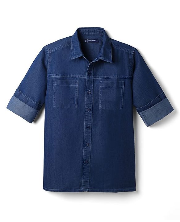 Pine Kids Denim Woven Full Sleeves Solid Shirt with Pockets - Navy