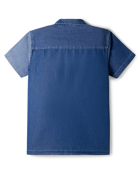 Pine Kids Denim Woven Half Sleeves Shirt with Cut & Sew Design & Text Patch - Blue