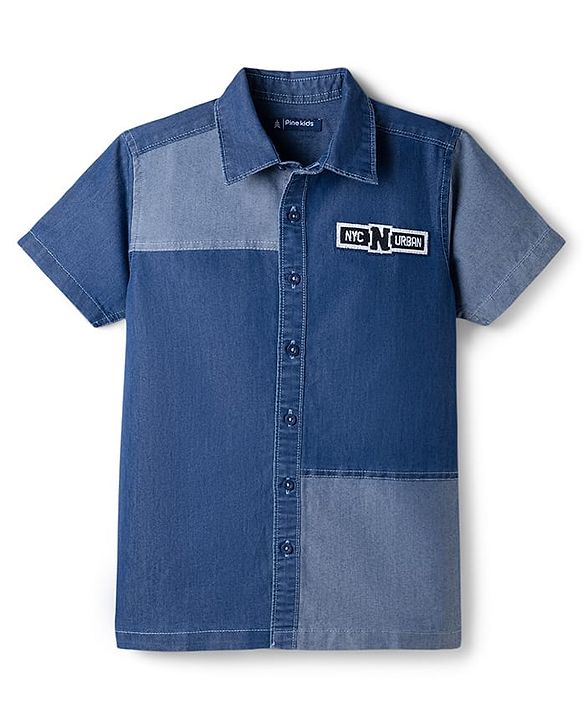 Pine Kids Denim Woven Half Sleeves Shirt with Cut & Sew Design & Text Patch - Blue