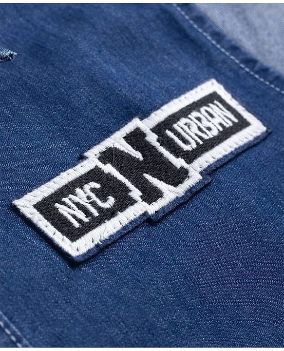 Pine Kids Denim Woven Half Sleeves Shirt with Cut & Sew Design & Text Patch - Blue