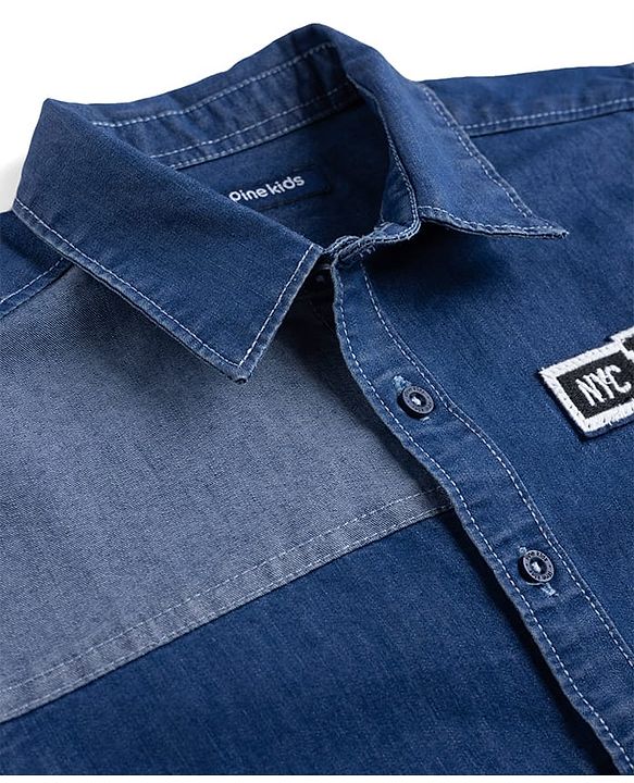 Pine Kids Denim Woven Half Sleeves Shirt with Cut & Sew Design & Text Patch - Blue