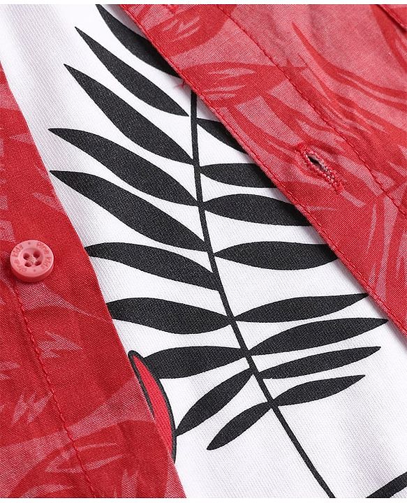 Pine Kids Cotton Woven Shirt and T-Shirt with Short Sleeves and Tropical Theme Print in Red for 4-5 Years