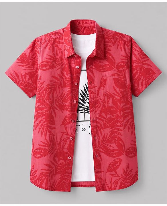 Pine Kids Cotton Woven Shirt and T-Shirt with Short Sleeves and Tropical Theme Print in Red for 4-5 Years