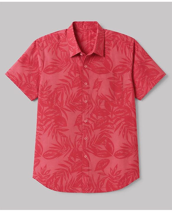 Pine Kids Cotton Woven Shirt and T-Shirt with Short Sleeves and Tropical Theme Print in Red for 4-5 Years