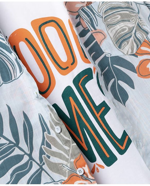 Pine Kids Cotton Woven Twofer Shirt with Tropical & Text Print - Blue