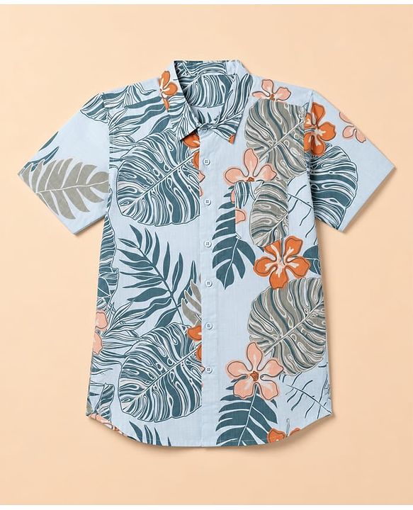Pine Kids Cotton Woven Twofer Shirt with Tropical & Text Print - Blue