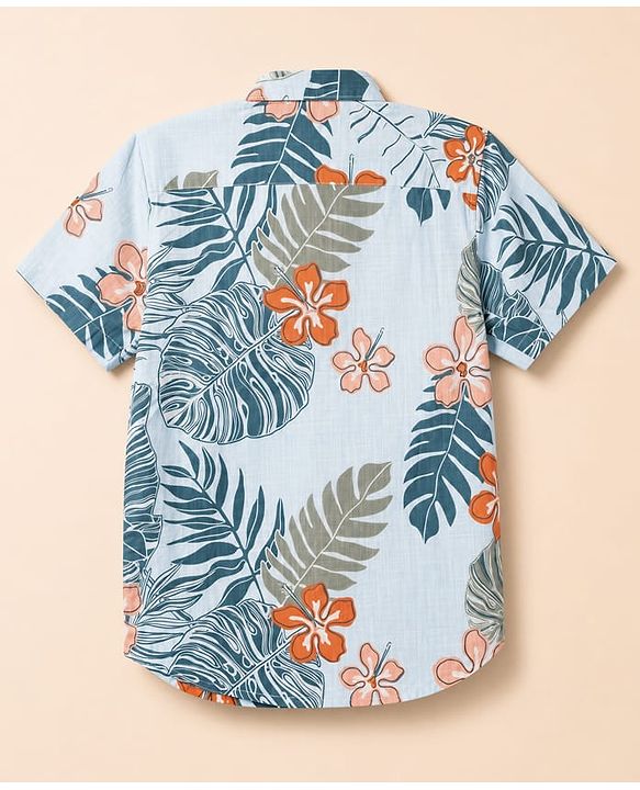 Pine Kids Cotton Woven Twofer Shirt with Tropical & Text Print - Blue