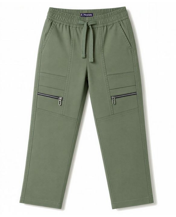 Pine Kids Cotton Elastane Woven Full Length Solid Colour Trouser with Front Pockets - Olive
