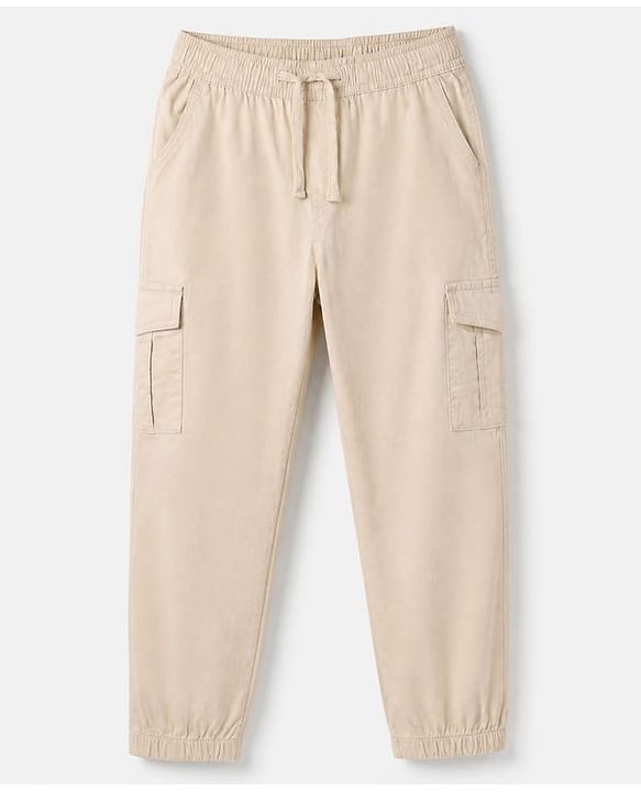 Pine Kids Cotton Elastane Woven Full Length Solid Trouser in Beige