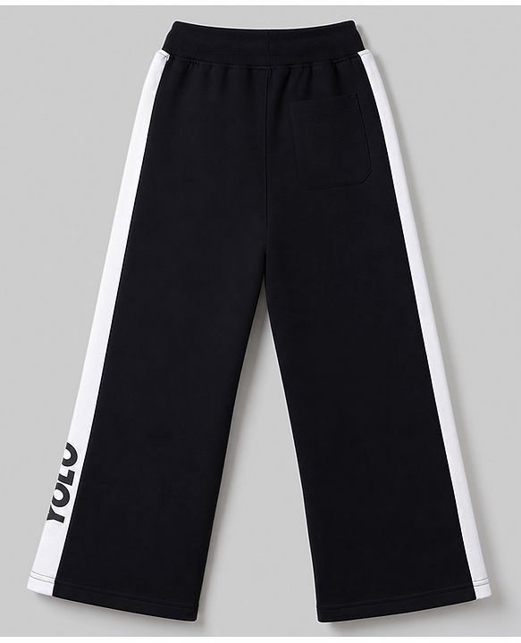 Pine Kids Knit Full Length Track Pant with Cut & Sew Design & Text Print - Black