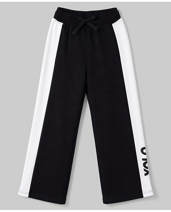 Pine Kids Knit Full Length Track Pant with Cut & Sew Design & Text Print - Black