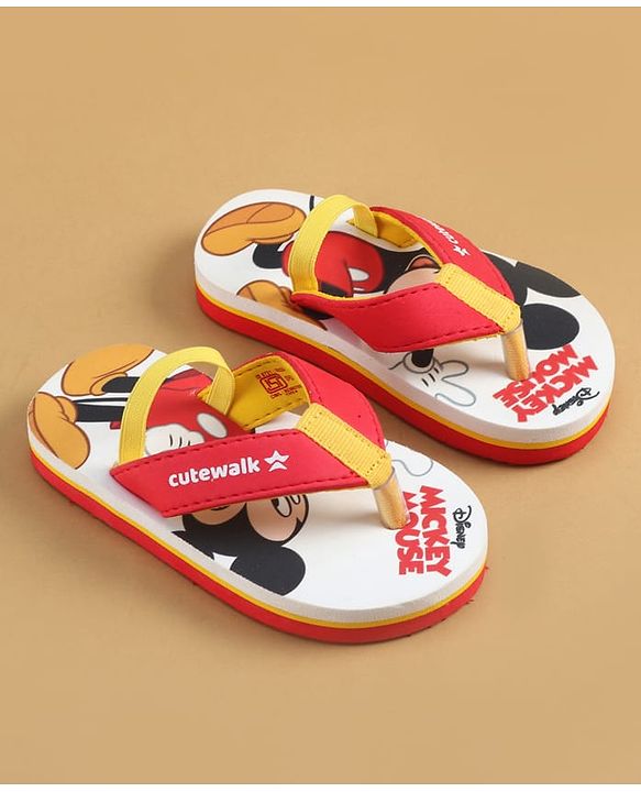 Cute Walk by Babyhug Disney Flip Flops with Back Strap & Mickey Mouse Print - Red