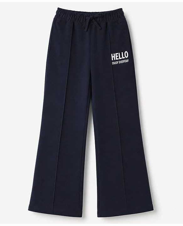 Pine Kids Cotton Knit Full Length Lounge Pants With Hello Enjoy Everyday Text Print- Navy Blue