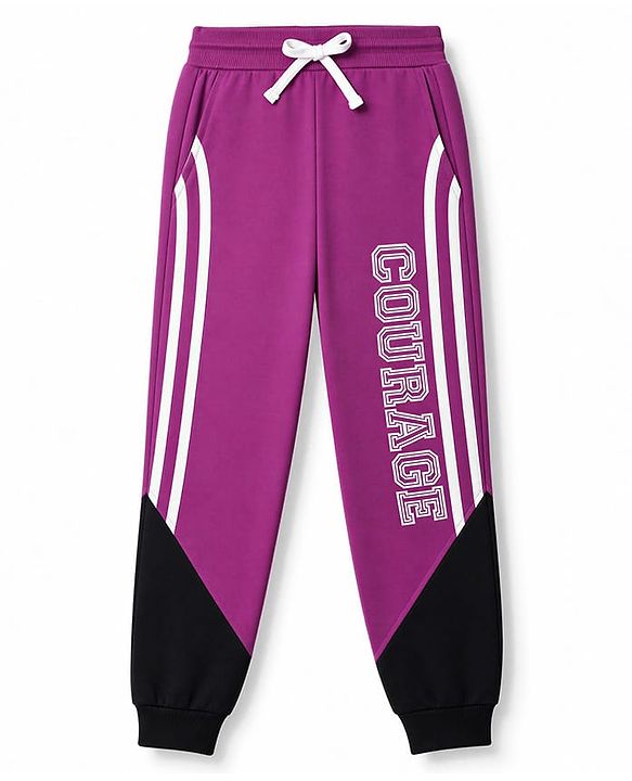 Pine Kids Cotton Knit Full Length Lounge & Track Pants With Text Print - Purple