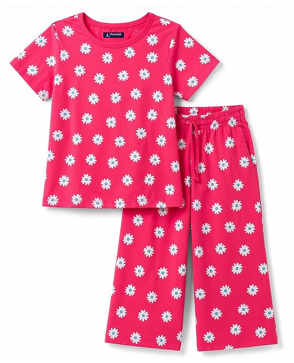 Pine Kids Cotton Knit Half Sleeves Co-Ords Floral Printed T-Shirt & Capri Night Suit - Red