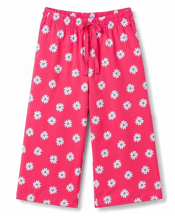 Pine Kids Cotton Knit Half Sleeves Co-Ords Floral Printed T-Shirt & Capri Night Suit - Red