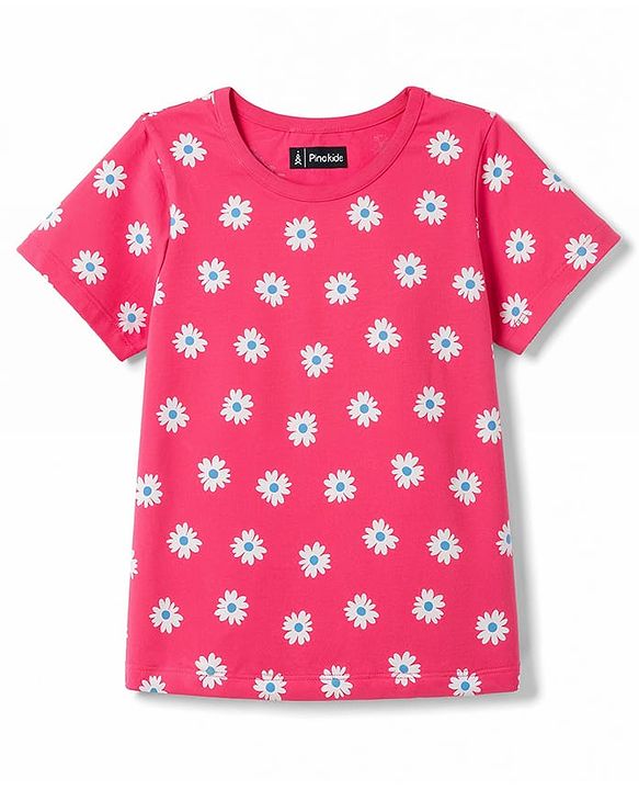 Pine Kids Cotton Knit Half Sleeves Co-Ords Floral Printed T-Shirt & Capri Night Suit - Red