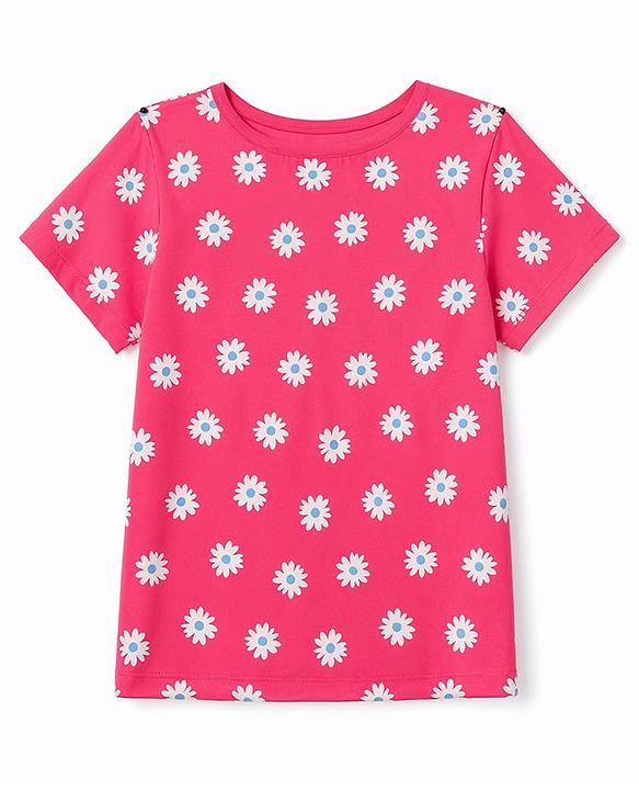 Pine Kids Cotton Knit Half Sleeves Co-Ords Floral Printed T-Shirt & Capri Night Suit - Red