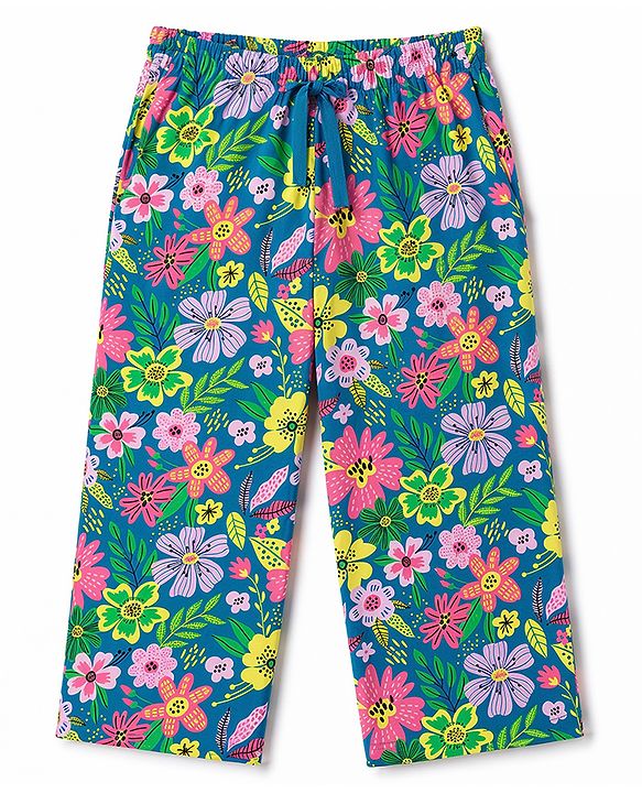 Pine Kids Cotton Knit Half Sleeves Floral Printed T-Shirt & Capri Night Suit - Lime Green