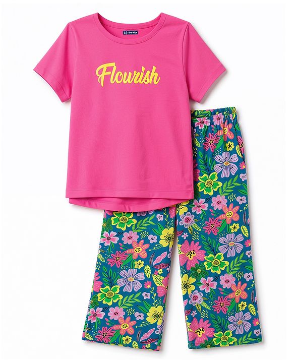 Pine Kids Cotton Knit Half Sleeves Floral Printed T-Shirt & Capri Night Suit - Lime Green