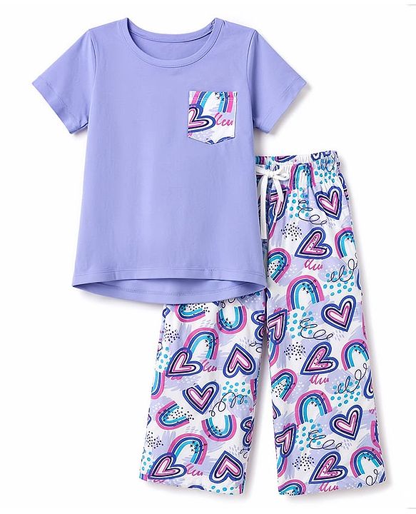 Pine Kids Cotton Knit Half Sleeves Heart Printed T-Shirt & Capri Night Suit - Lavender