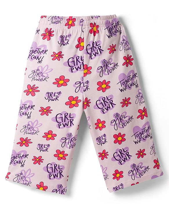 Pine Kids Cotton Knit Half Sleeves Floral Printed Top & Capri Night Suit - Lavender
