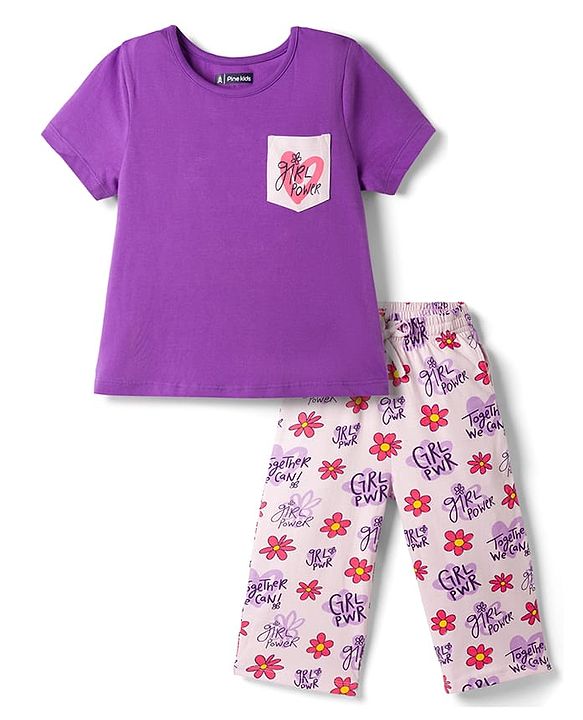 Pine Kids Cotton Knit Half Sleeves Floral Printed Top & Capri Night Suit - Lavender