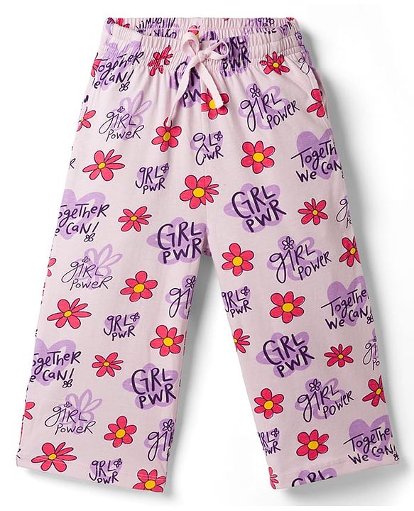 Pine Kids Cotton Knit Half Sleeves Floral Printed Top & Capri Night Suit - Lavender
