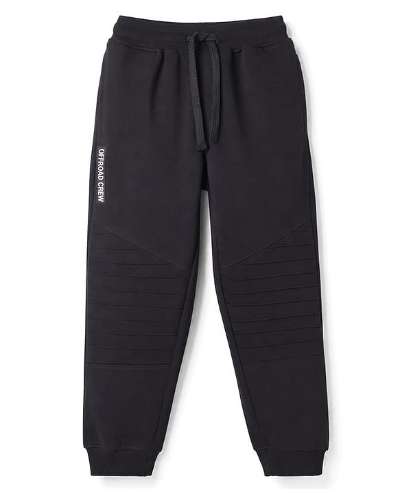 Pine Kids Cotton Knit Full Length Lounge & Track Pants With Text Print - Black