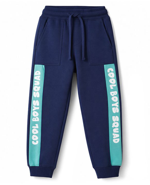 Pine Kids Cotton Knit Full Length Lounge Pant With Text Print - Navy Blue