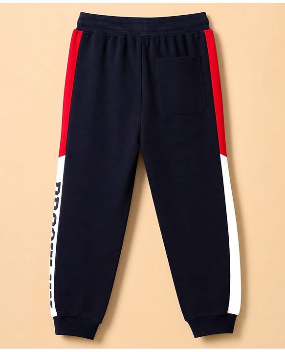 Pine Kids Knit Full Length  Lounge Pant with Cut & Sew Design & Text Print - Navy
