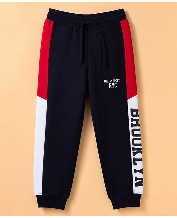 Pine Kids Knit Full Length  Lounge Pant with Cut & Sew Design & Text Print - Navy
